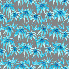 Fototapeta na wymiar flowers drawn with light blue watercolor on a light gray background