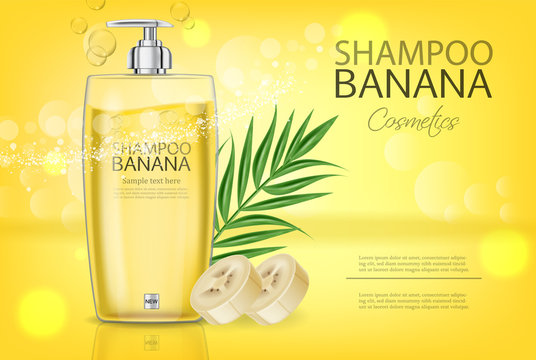 Banana shampoo Vector realistic mock up. Yellow bottle cosmetics. Product placement label design. Detailed 3d illustrations