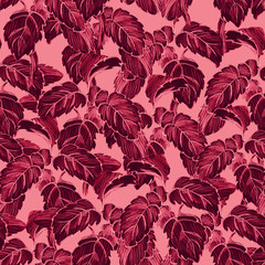 drawn bush with dark red leaves and lines on a light pink color