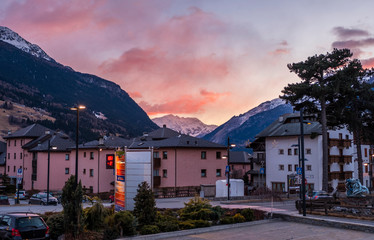Red sunset in Bormio, Sondrio, Italy. January 2019.