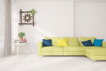 Stylish room in white color with sofa. Scandinavian interior design. 3D illustration