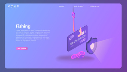 Naklejka premium Phishing via internet isometric vector concept illustration. Hacking credit card personal information. Mobile data security, online payment. Secure bank transaction with password verification internet