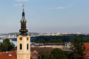 Fototapeta na wymiar Panoramic view with beautiful old church tower