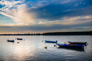 Naklejka premium Danube with colorful skies in the evening, Sunset at Danube river