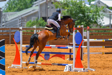 Young rider jumping over the obstacles during the horse jumping competition
