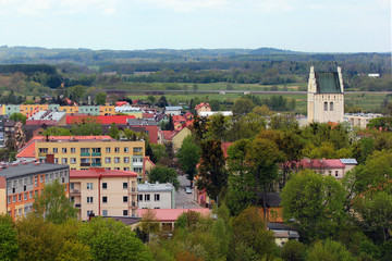 Townscape of Goldap town, Warmian-Masurian Voivodeship, Poland. View from the water tower.