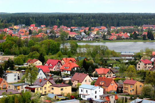 Townscape of Goldap town, Warmian-Masurian Voivodeship, Poland. View from the water tower.