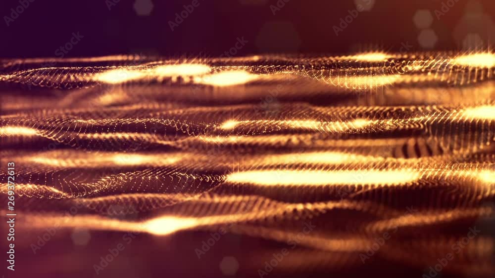 Poster glow particles form sci-fi cosmic background. looped 3d animation. golden red strings ver 2