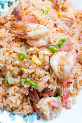 Delicious Thai fried rice with shrimp pork  egg and chilli,top view