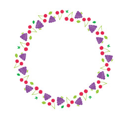 vector fluits circle illustration for greeting card and invitation template (wedding or birthday anniversary etc.) .handwriting style / Colored pencil stroke. cherry and grape.