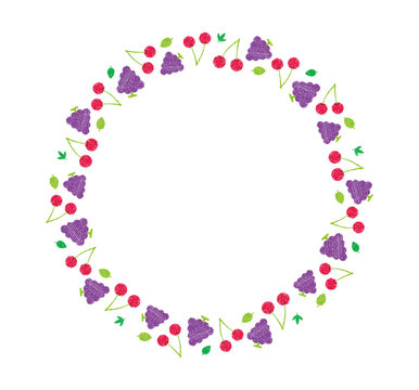 vector fluits circle illustration for greeting card and invitation template (wedding or birthday anniversary etc.) .handwriting style / Colored pencil stroke. cherry and grape.
