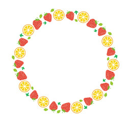 vector fluits circle illustration for greeting card and invitation template (wedding or birthday anniversary etc.) .handwriting style / Colored pencil stroke. strawberry and orange