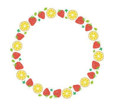 vector fluits circle illustration for greeting card and invitation template (wedding or birthday anniversary etc.) .handwriting style / Colored pencil stroke. strawberry and orange