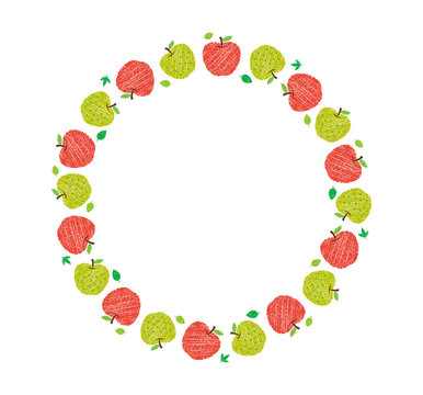 vector fluits circle illustration for greeting card and invitation template (wedding or birthday anniversary etc.) .handwriting style / Colored pencil stroke. apple and green apple.