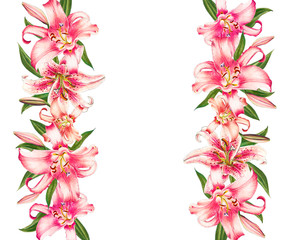 Beautiful pink lily frame. Bouquet of flowers. Floral print. Marker drawing. Watercolor painting. Wedding and birthday festive composition. Greeting card. Painted background. Hand drawn illustration.