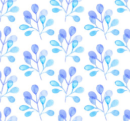 Seamless watercolor pattern background with tree leaves twigs
