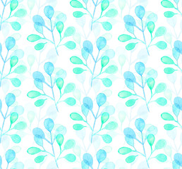 Seamless watercolor pattern background with tree leaves twigs