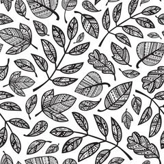 Black and white ornamental leaves seamless pattern. Vector illustration.