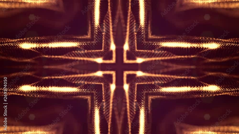 Poster glow particles form sci-fi cosmic background. looped 3d animation. golden red symmetrical structures