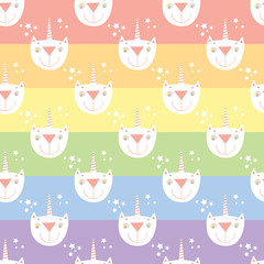 Cat Unicorn Rainbow seamless pattern. Vector background.