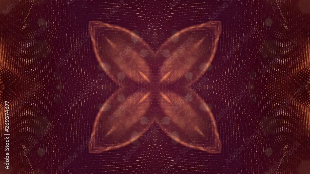 Poster glow particles form sci-fi cosmic background. looped 3d animation. golden red symmetrical structures