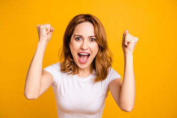 Close up photo beautiful amazing funky she her lady arms hands fists raised look unexpected yelling...
