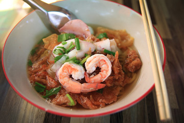 Heart shaped shrimp show from Seafood Tom Yum Noodle of street Thai food