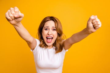 Close up photo beautiful amazing funky she her lady arms hands fists raised ahead yelling loud wild...