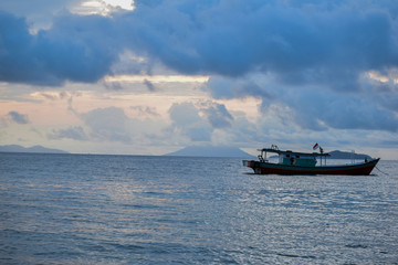 traditional fishing wooden boat near pahawang island. Bandar Lampung. Indonesia. Traveling concept. Upload at Lampung, Indonesia in March 2019.