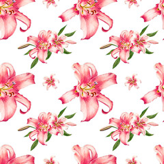 Seamless pink lily pattern. Bouquet of flowers. Floral print. Marker drawing. Watercolor painting. Wedding birthday festive wallpaper. Endless texture. Painted background. Hand drawn illustration.