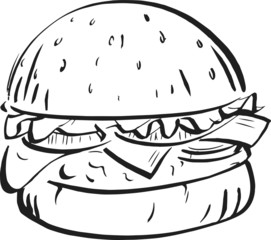 Hand drawn burger Illustration. Retro style image. Vintage sketch element for labels, packaging and cards design
