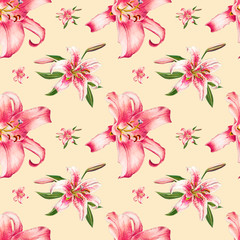 Seamless pink lily pattern. Bouquet of flowers. Floral print. Marker drawing. Watercolor painting. Wedding birthday festive wallpaper. Endless texture. Painted background. Hand drawn illustration.