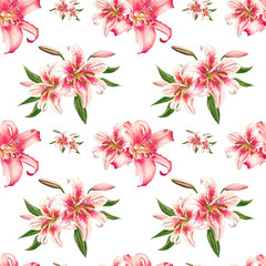 Seamless pink lily pattern. Bouquet of flowers. Floral print. Marker drawing. Watercolor painting. Wedding birthday festive wallpaper. Endless texture. Painted background. Hand drawn illustration.