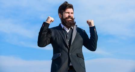 Upgrade. Bearded man. Mature hipster with beard. Businessman against the sky. Future success....