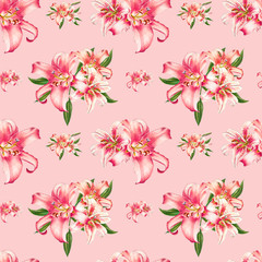 Obraz premium Seamless pink lily pattern. Bouquet of flowers. Floral print. Marker drawing. Watercolor painting. Wedding birthday festive wallpaper. Endless texture. Painted background. Hand drawn illustration.