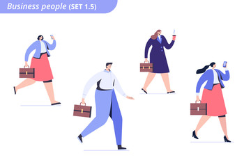 Business people rush to work side view. Walking people flat vector characters.