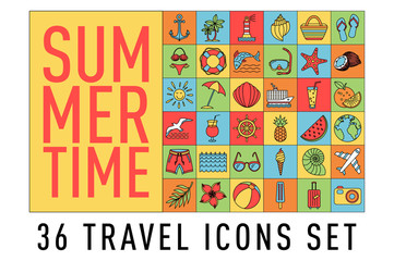 summer Set of 36 travel icons, thin line style, vector illustration Outline Holiday. color sketch