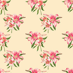 Seamless pink lily pattern. Bouquet of flowers. Floral print. Marker drawing. Watercolor painting. Wedding birthday festive wallpaper. Endless texture. Painted background. Hand drawn illustration.