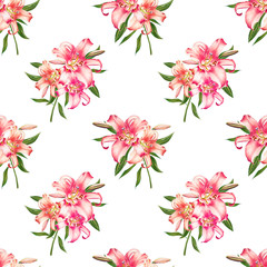 Seamless pink lily pattern. Bouquet of flowers. Floral print. Marker drawing. Watercolor painting. Wedding birthday festive wallpaper. Endless texture. Painted background. Hand drawn illustration.