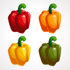 Vector Set of Colored Yellow Green Orange and Red Sweet Bulgarian Bell Peppers