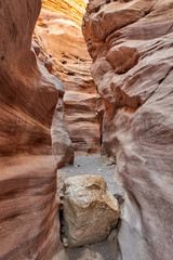 Israel. The neighborhood of Eilat. Red canyon. Narrow path in the cleft of the canyon