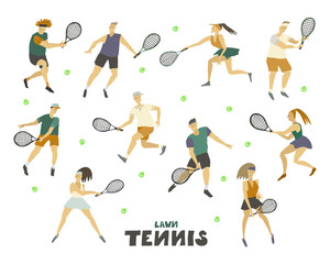 Tennis player men women set Boy Guy Girl with racket and ball Human figure in motion
