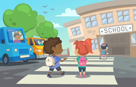 This illustration shows children with school bags who are returning to school