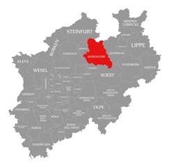 Warendorf red highlighted in map of North Rhine Westphalia DE