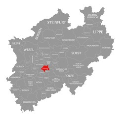 Fototapeta na wymiar Wuppertal red highlighted in map of North Rhine Westphalia DE