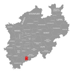 Fototapeta na wymiar Bonn red highlighted in map of North Rhine Westphalia DE