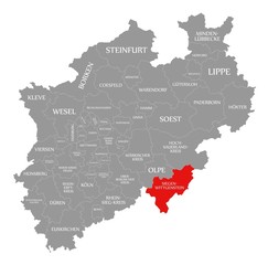 Fototapeta na wymiar Siegen Wittgenstein county red highlighted in map of North Rhine Westphalia DE