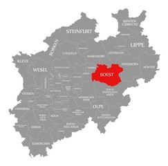 Soest red highlighted in map of North Rhine Westphalia DE