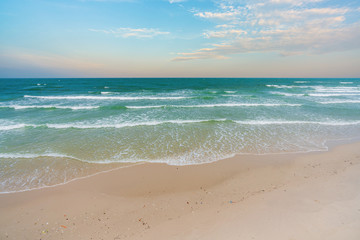 Beautiful Tropical Beach Hua Hin, Prachuap Khiri Khan Province, Thailand. blue ocean background Summer view Sunshine at Sand and Sea Asia Beach Destinations 