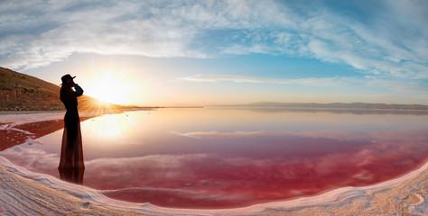 Maharlu pink lake at sunset - Shiraz, Iran